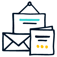 Pictogramme dessiné à la main représentant mes activités de mise en page de magazines, faire-part, brochures, affiches et flyers