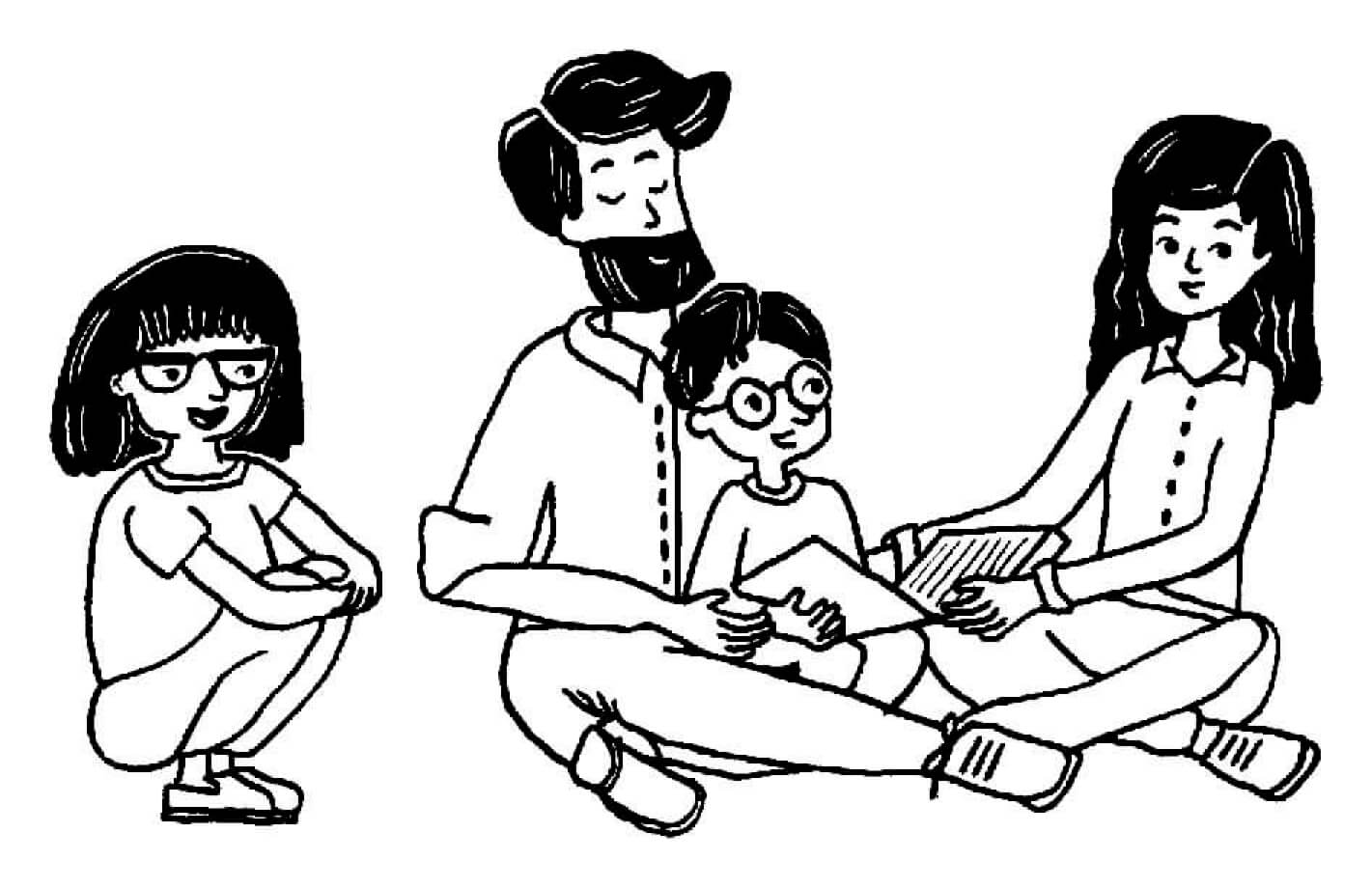 Illustration de parents avec leur enfant et une animatrice du LAEP, dessinée à la main par Céline Jonquille