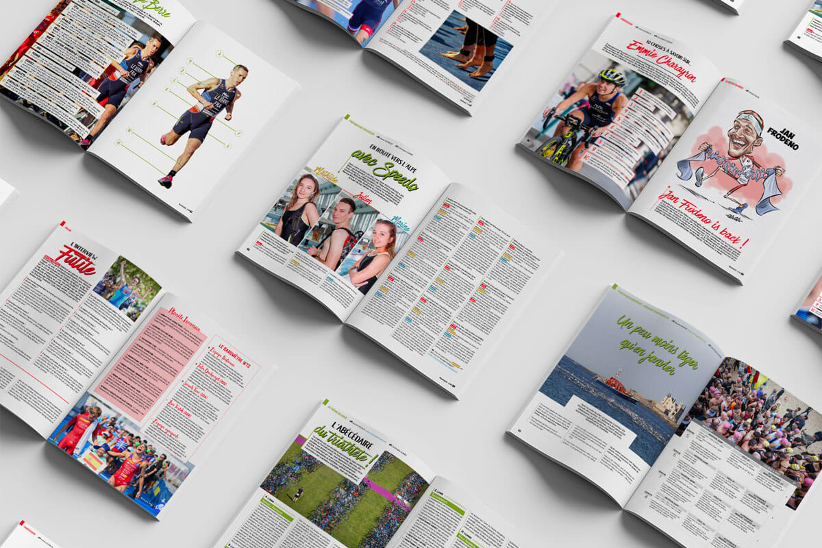 Mise en page de magazine comprenant plusieurs rubriques, dont Trizap dédiée à l’actualité et Tritraining proposant des conseils d’entraînement